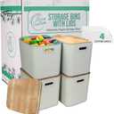 Storage Bins with Bamboo Lid  Stackable, Multi-Purpose Organizers for Pantry, Closet, Kitchen, and Home  Elegant Wicker-Style Design with Ergonomic Handles (Cream)