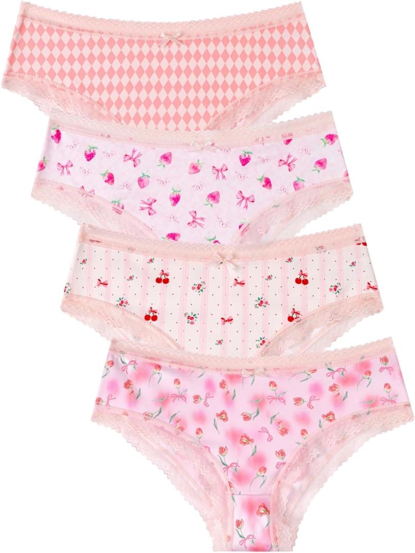 Sweet & Cute! Women's Printed Lace Bikini Briefs - 4-Pack Floral Animal Underwear Set (Medium, Multicolor)