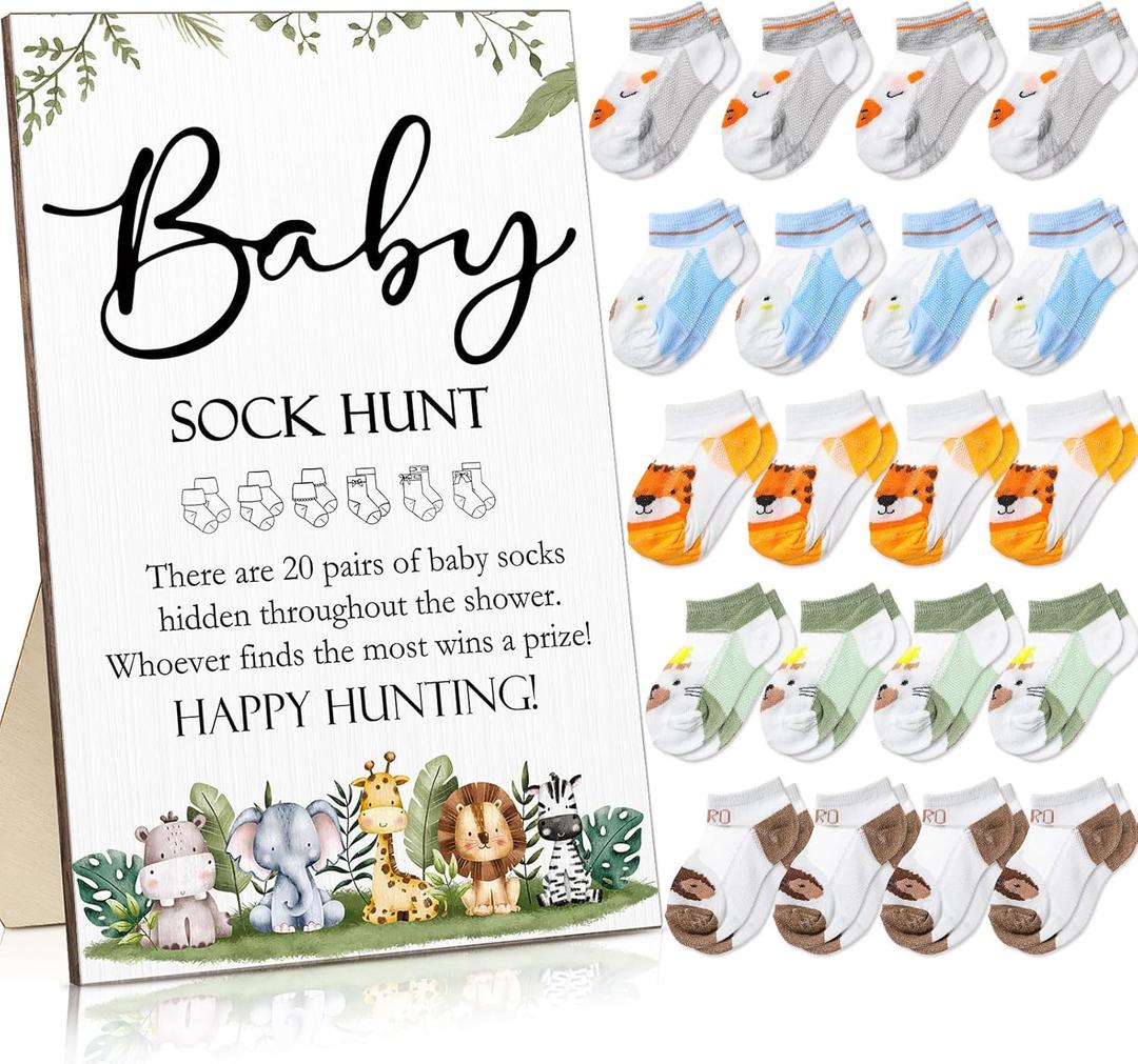Hoteam 21 Pcs Baby Shower Games Include Baby Sock Hunt Sign and 20 Pair Small Cotton Socks Wooden Table Sign with Holder for Gender Reveal Party Favors(Animal Style) (Safari)