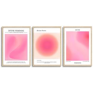 KISSFOX 3 Piece OAK Wood Framed Wall Art Pink Wall Decor Aura Canvas Art Divine Feminine Pictures Trendy Aesthetic Preppy Paintings For Apartment Dorm Women Girls Bedroom