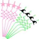 Baderke 24 Pcs Pink and Green Party Favors Plastic Wizard Drinking Straws Reusable Wizard Hat Star Straws for Halloween Witch and Princess Themed Birthday Party Decorations Supplies