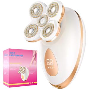 Electric Razors for Women, 5-in-1 Multi-Function Body Shavers for Women Legs, Cordless Ideal Travel Trimmer - Waterproof Wet/Dry Hair Remover Kit, Rechargeable, Gold