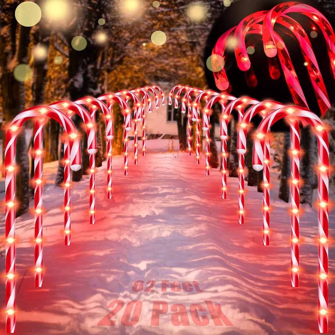 20 Pack Candy Cane Christmas Decorations Outdoor, 15inch Christmas Pathway Lights with Timer, 8 Flashing Modes Candy Cane Lights, 4.5V Red LED Outdoor Xmas Decor for Walkway Yard Lawn Porch Holiday