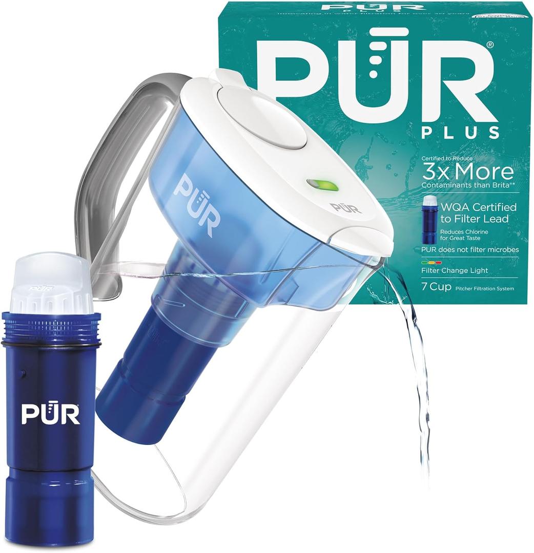 PUR Plus 7-Cup Water Filter Pitcher for Fridge, Cleaner, Great-tasting Water, Dishwasher Safe, Powerful Filtration, Change Light Indicator, LockFit Cap Design, White