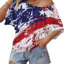LUKYCILD American Flag Off The Shoulder Shirt Stars and Stripes Shirts Patriotic T Shirts Short Sleeve Summer Tops, XL