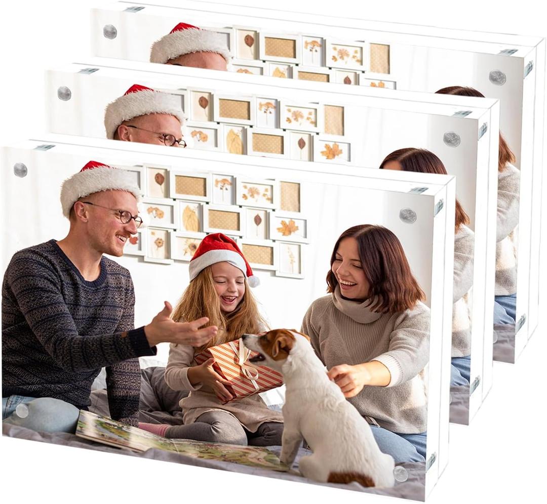 Acrylic Picture Frame 5x7, Double Sided Photo Frames for Refrigerator with Magnetic Corners, Transparent Acrylic Frame for Desk or Tabletop Display Family,Wedding, Baby Pictures, (3 Pack)