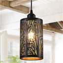 Industrial Black Pendant Light Fixture Vintage Farmhouse Mini Black Gold Pendant Lighting Rustic Hollow-Carved Cylinder Pendant Light for Kitchen Island, Dining Room, Bedroom
