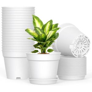 SwinDuck 20 Pack 6 Inch Plant Pots with Drainage and Saucers, White Plastic Flower Pots for Indoor and Outdoor Plants, Stackable Nursery Planters for Houseplants and Herbs, White