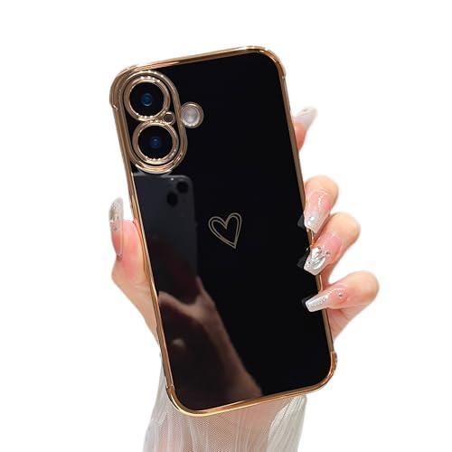 ZTOFERA Designed for iPhone 17 Case 6.3 inch, Cute Plating Edge Love Hearts Pattern with Camera Lens Protection Phone Cover for Girls Women, Black