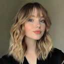 Lativ Blonde Wig With Bangs Short Wavy Curly Ombre Wig with Dark Roots Synthetic Heat Resistant Bob Wigs for Women Daily Party Use 14 Inches