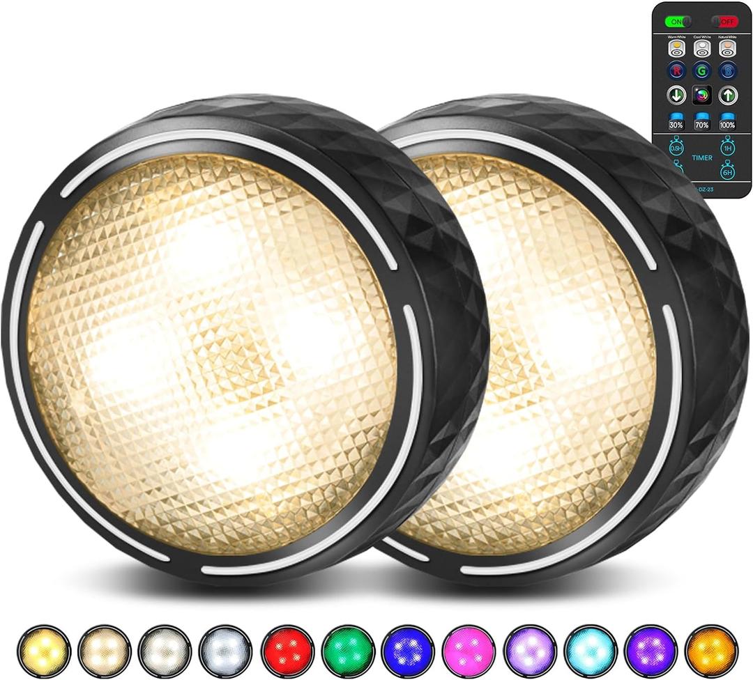 LED Puck Lights with Remote Control, Battery Operated Wireless Closet Lights, Under Cabinet Lighting Stick on Tap Push Light, Color Changing Under Counter Light for Kitchen, 2 Pack - Black
