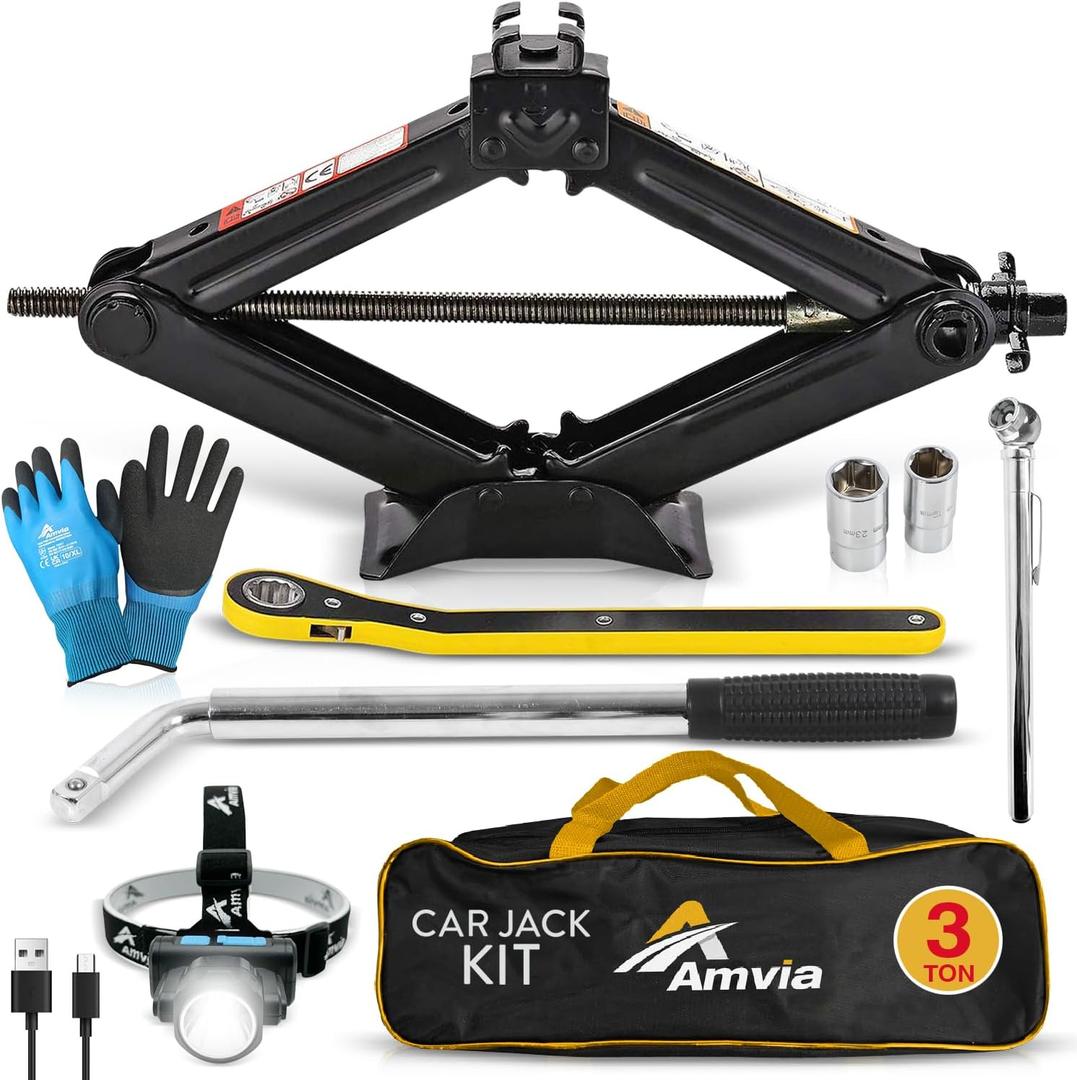 Car Jack Kit | Scissor Jack for Car 3 Ton (6,600 lbs) - Tire Jack Tool Kit | Portable, Ideal for SUV and Auto - Universal Kit with Lug Wrench | Heavy Duty Material