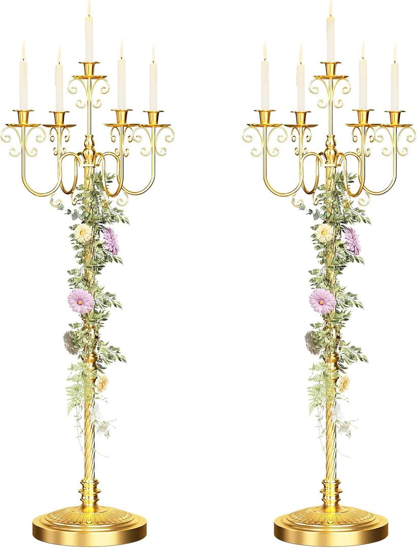 Floor Candelabra 50 Inch Gold Candlestick Holder 5 Arms Candle Holders Antique Flower Stand Centerpiece Decorative Candle Holder for Events, Party, Ceremony, Wedding Aisle, Home 2 Pcs (Beaded Styling)