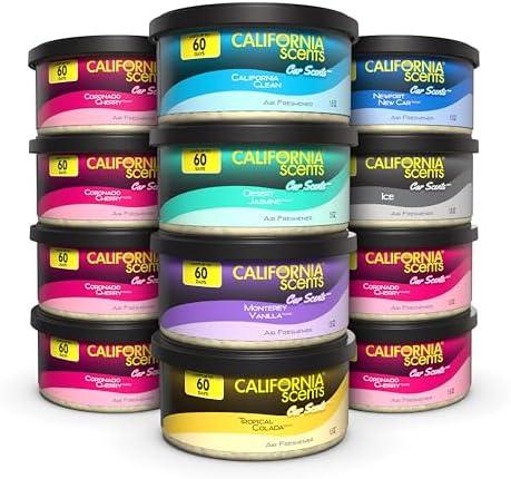 California Scents Can Air Freshener and Odor Neutralizer, Set of 12 Spillproof Cans for Home and Car, Assorted Scents, 1.5 Oz Each 
