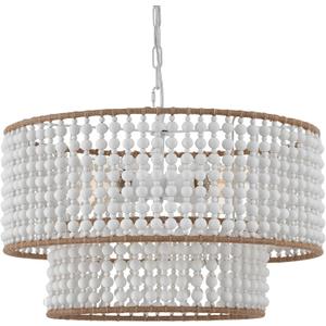 Dia 22 Inch Boho Wood Bead Chandelier Farmhouse, Bohemia Dining Room Light Fixture Over Table, White Bead Pendant Chandelier for Bedroom Kitchen Hallway Entryway Nursery Living Room Foyer