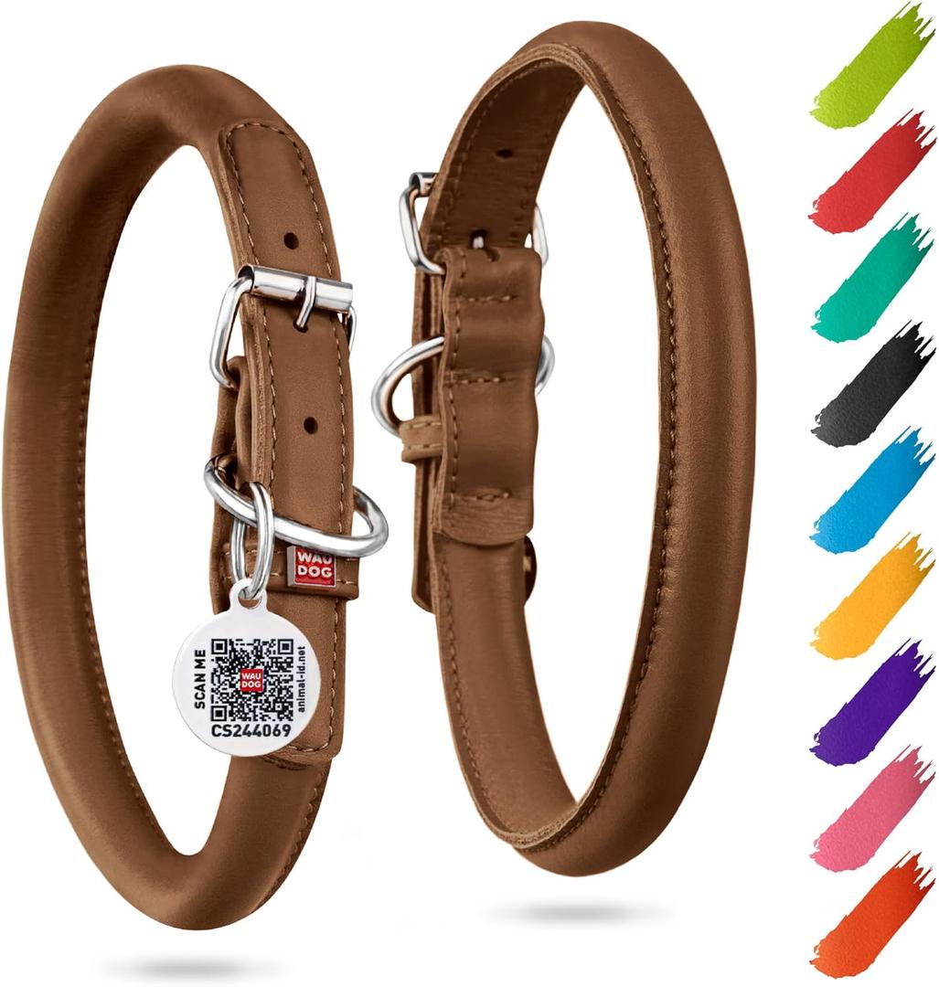 WAUDOG Ultra Soft Rolled Leather Dog Collar - Soft Padded for Small and Medium Breeds - Puppy Collar for Male and Female Dogs (13" - 15.5" Neck, Brown)