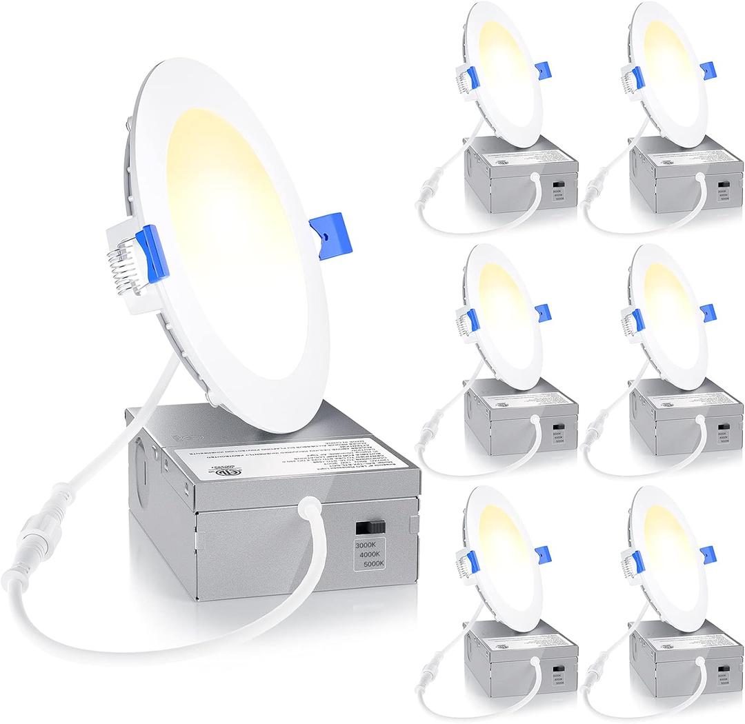 Ensenior 6 Pack 4 Inch LED Recessed Light, Dimmable, 3000K-5000K 3CCT, 750LM High Brightness, 9W 120V, Damp Rated, Ultra-Thin Canless Wafer Ceiling Light - ETL & FCC & IC