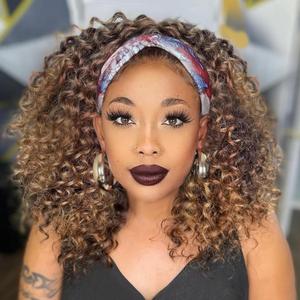 Aisaide Blonde Curly Headband Wig 12 Inch Kinky Ombre Brown Mixd Blonde Highlighted Headband Wigs for Women Short Glueless No Lace Deep Curly Half Hair Wigs