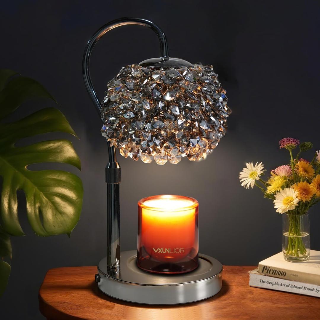 Luxury Candle Warmer Lamp with Crystal Gemstone Shade & Color-Changing Premium Base - Adjustable LED Wax Melt Warmer for Home Decor (Black without RGB)