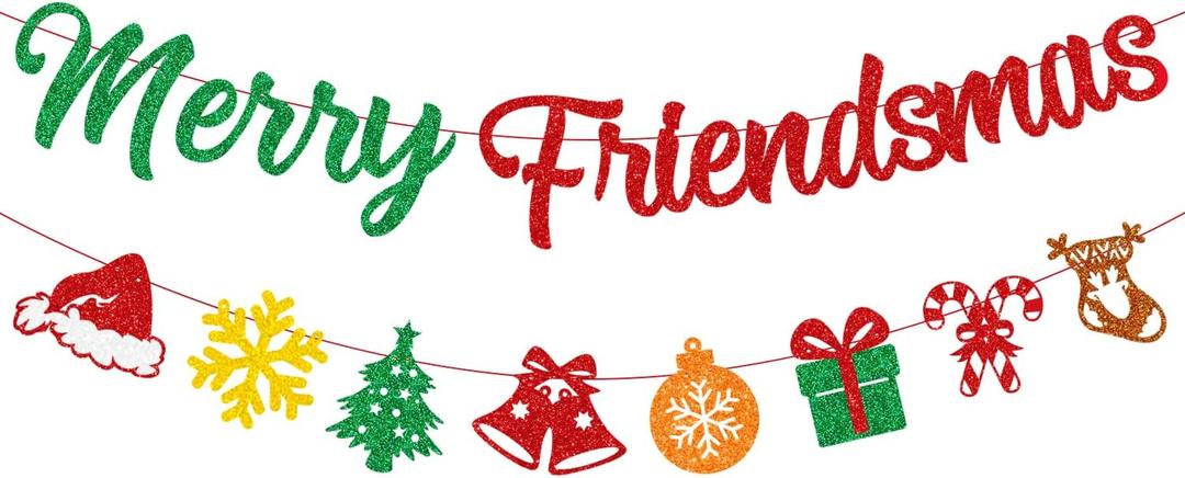 PTFNY Merry Friendsmas Banner Christmas Banner with Glittery Snowflake Hat Stockings Signs Friendsmas Decor Friends Themed Christmas Party Decorations for Wall Fireplace Party Decor Supplies