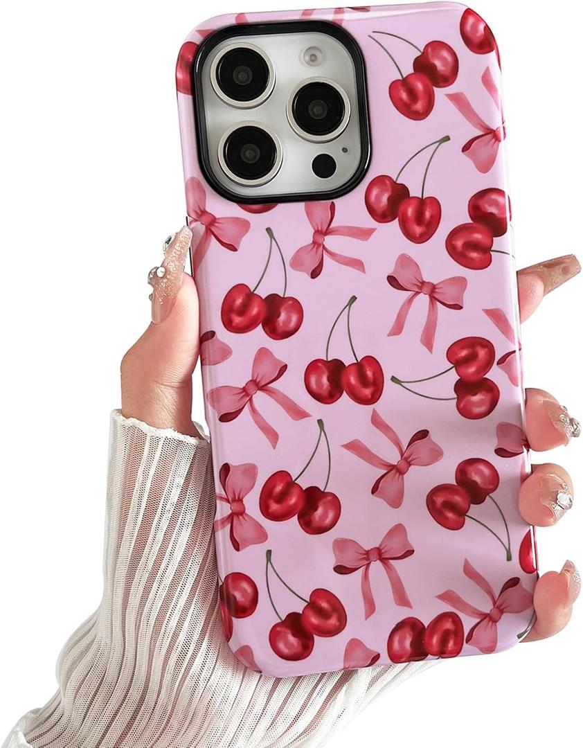 Compatible with iPhone 16 Pro Case, Cute Pink Cherry Bow Pattern with Shockproof Slim Soft TPU and Hard PC Protective Cover for Women Designed for iPhone 16 Pro Case, Glossy