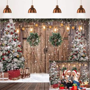Winter Christmas Backdrop Xmas Photography Backdrop Christmas Rustic Barn Wood Door Backdrop Xmas Tree Snow Gift Kids Adult Family Supplies Banner Party Baby Shower Decoration Background 7x5ft (Colour1)