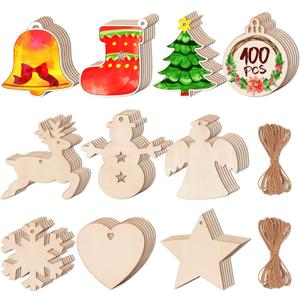 Max Fun 100PCS DIY Wooden Christmas Ornaments Unfinished Predrilled Wood Circles for Crafts Centerpieces Holiday Hanging Decorations in 10 Shapes