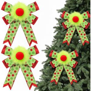 2 Pack Red Green Christmas Bows Decorations 9"x13" Large Plush Wreath Bows Ornaments with Green Red Dot for Xmas Tree Home Fence Stairs Fireplace Front Garland Indoor Outdoor Decor