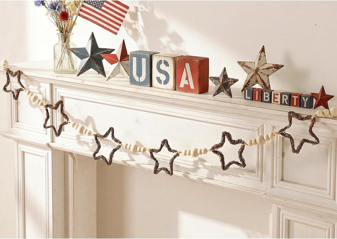 4th of July Garland Decorations, Farmhouse Patriotic Banner with Rattan Stars and Wooden Beads, Rustic Fourth of July Decorations Indoor for Mantel Fireplace, 250th Anniversary Independence Day Decor
