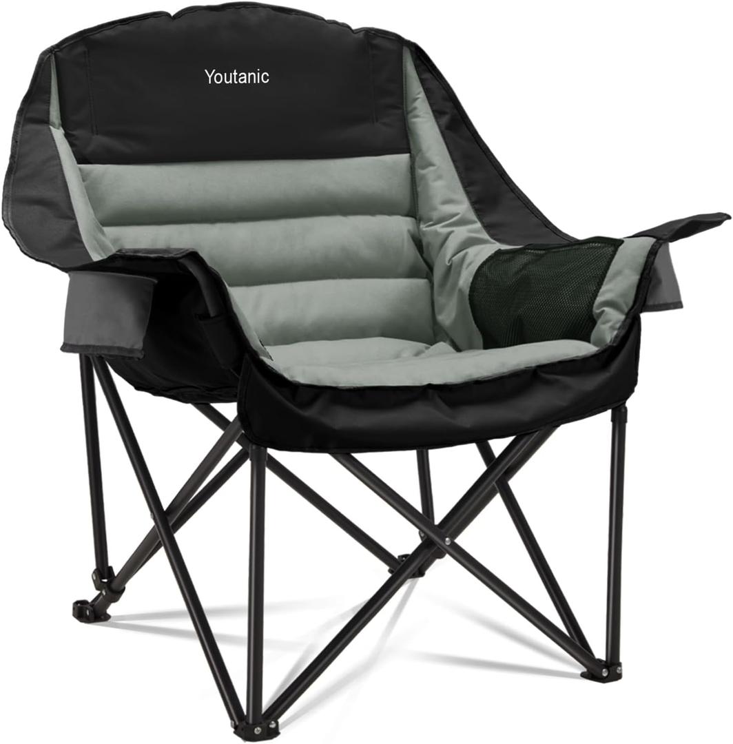 Oversized Camping Chair, Portable Folding Camping Chairs with Side Pocket, Cup Holder and Carry Bag, Heavy Duty Outdoor Camping Chairs for Adults, Fishing, Sports, Trip, up to 400lbs, Style 4 (Black)