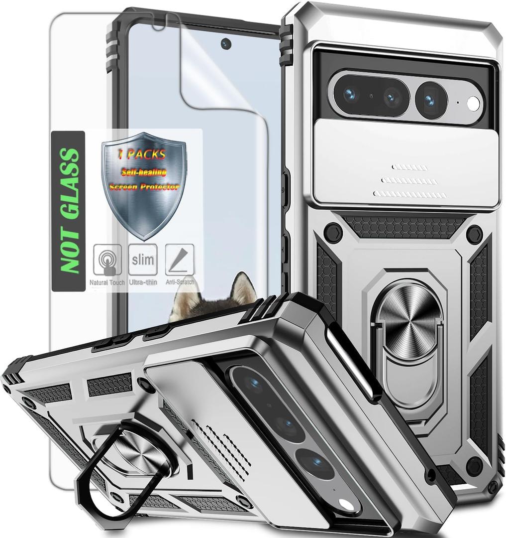 AYMECL for Pixel 7 Pro Case with Camera Lens Cover, HD Screen Protector, Military Grade Drop Protection, Magnetic Ring Holder Kickstand Protective Phone Case for Google Pixel 7 Pro, Silver