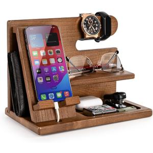 TESLYAR Wood Phone Docking Station for Men - Desktop or Nightstand Organizer - Birthday Gifts for Men, Dad - Anniversary Idea from Wife - Key Holder, Stand Wallet, Watch & Essentials (Earth Beige)