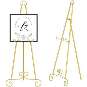 Display Easel, Metal Round Tube Scroll Vintage Gold Decorative Adjustable Floor Standing Easel with Chain Support, Perfect for Showcasing Pictures, Artwork, Picture Frame, Wedding Sign 