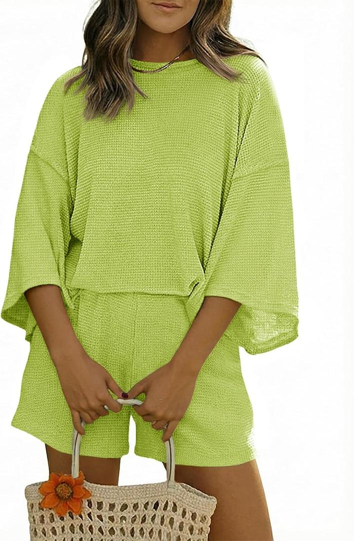 Tankaneo Womens Short Sets 2 Piece Outfits 3/4 Sleeve Tops and Elastic Waist Shorts Lounge Set Casual Loungewear (Green) XX-Large