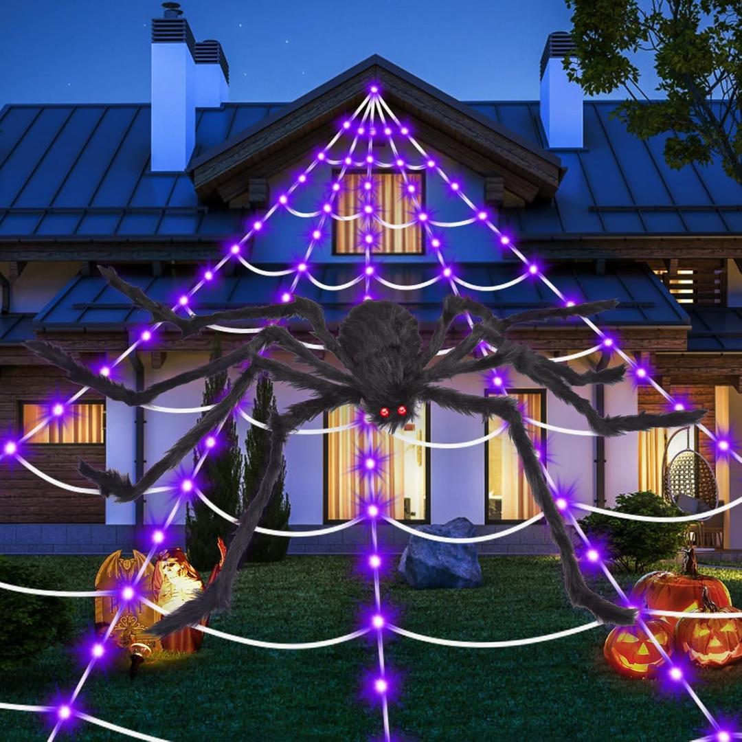OCATO Halloween Decorations Spider Webs: Spider Web Lights 135 LED Purple Lights 59" Giant Spider Scary Halloween Decorations Outdoor Indoor for Party Garden Home Costumes Yard Haunted House