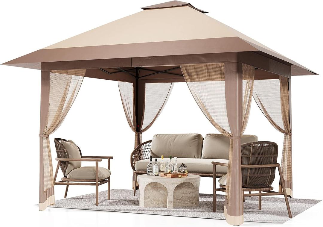 Pop Up Gazebo 13x13 ft Canopy Tent with Mosquito Netting, Outdoor Patio Gazebo with 3 Adjustable Heights, Tent Shelter Quick Setup Backyard Tent for Party,Wedding (Khaki)