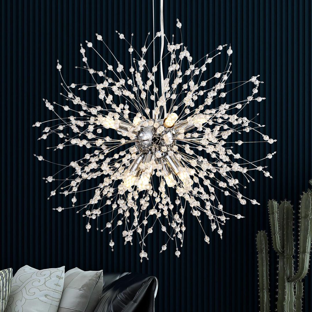 SineRise Modern Crystal Chandeliers Firework, Crystal Light Fixture, Dandelion Chandelier (8-Light, Chrome) for Foyer Hallway Entryway Kitchen Bedroom (Bulbs Not Included)