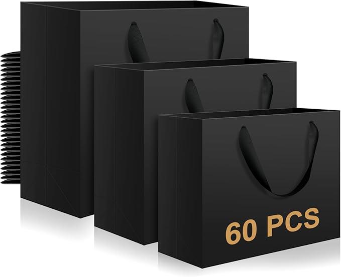 Lincia 60 Pcs Black Paper Bags with Handles, Assorted Sizes Large 11", Medium 8", Small 7" Black Gift Bags Bulk for Retail, Party, Birthday, Gift, Shopping, Business, Merchandise