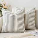 MIULEE Grey and Beige Patchwork Farmhouse Pillow Covers 20x20 Inch, Pack of 2 Striped Linen Decorative Modern Accent Pillow Cases for Sofa Couch Bedroom