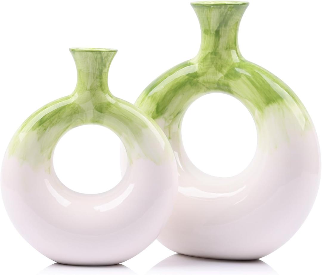Ceramic Donut Vases Set of 2, Green and White, Perfect for Home Decor, Modern Boho Style, Ideal for Centerpieces and Dinner Tables