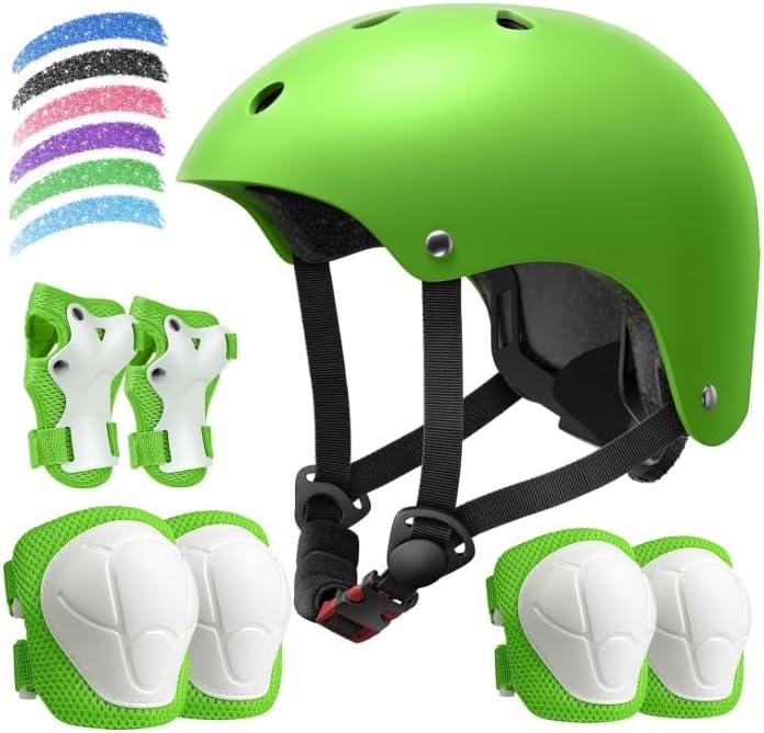 Kids Bike Helmet Set, Adjustable Helmet for Ages 2-3-5-8-14 Year Boys Girls, Toddler Pad Set with Knee and Elbow Pads for Bike, Roller, Skating, Scooter, Longboard and More Sports, 6 Color, Size 54-57 cm