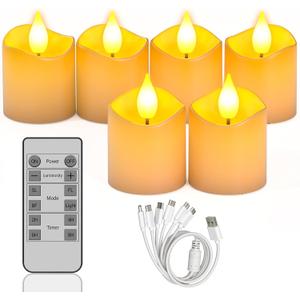 SoulBay 6pcs LED Candles Rechargeable with Remote, 1.5" D x 2.28" H Flameless Flickering Fake Battery Candles with Timer, No Battery Needed, White Electric Small Votives for Lantern Table Home Decor