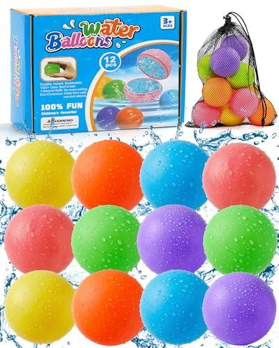 Reusable Water Balloons 12 Pcs, Quick-Fill Summer Water Toys for Pool Parties & Outdoor Beach Backyard Games, Durable Splash Balls for Kids