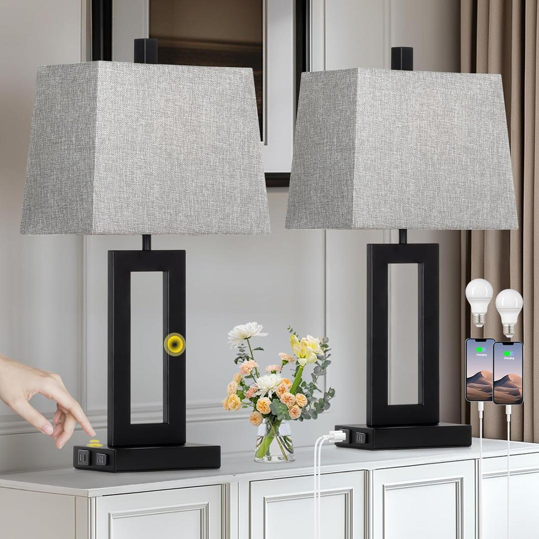 Touch Control Table Lamp Set of 2, Modern Black Bedside Lamps with USB C+A Ports & AC Outlet, 3 Way Dimmable Bedroom Lamps for Night Stands Bedroom Living Room,Nightstand Lamp