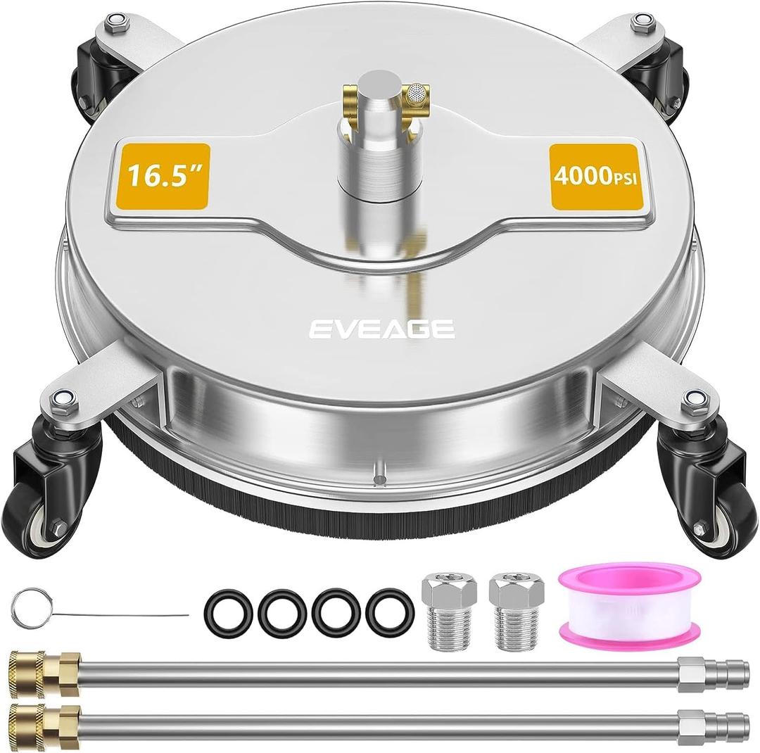 EVEAGE 16.5" Pressure Washer Surface Cleaner, Power Washer Surface Cleaner w/Extension Wand & Replacement Nozzle, 4 Wheels - Powerful Pressure Washer Attachment for Patios,4000PSI