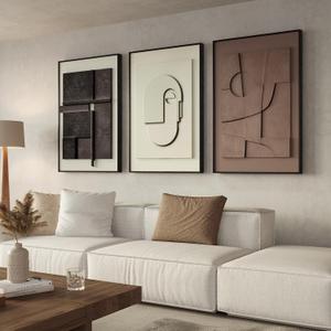 Cuspin Large Framed Abstract 3D Textured Wall Art, 3-Piece Modern Neutral Artwork for Walls, Geometric Brown White Textured Wall Art, 24x36 Inch (36" H x 72" W)