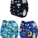 babygoal Reusable Charcoal Cloth Diapers with Double Gussets, 3 Pack Washable Baby Pocket Diapers with 3pcs Charcoal Inserts and Wet Dry Bag(Space,Moon,Star,Rocket)