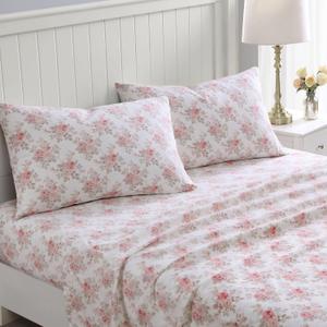 Laura Ashley - Flannel Sheets Full Size, Anti-Pilling & Wrinkle Resistant Cotton, Touchably Soft for All-Season Comfort - Bed Sheets with Matching Pillowcases & Fitted Sheet (Lisalee Pink)