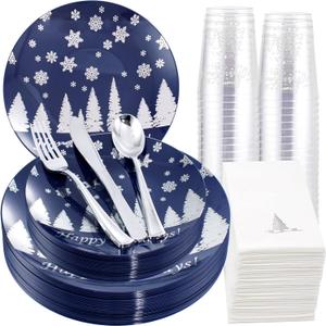 Hioasis 175PCS Christmas Plastic Plates - Blue and Silver Disposable Plastic Plates Include 25Dinner Plates-25 Dessert Plates-25 Forks-25 Knives-25 Spoons-25 Cups and 25 Napkins Perfect for Christmas