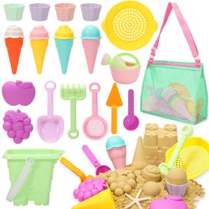 Tagitary Beach Sand Toys for Kids, Beach Toys 23PCS Set with Ice Cream Cake Sand Molds, Mesh Beach Bag, Bucket, Watering Can, Shovel, Rake - Ideal for Toddler Sandbox, Outdoor Play and Beach Travel